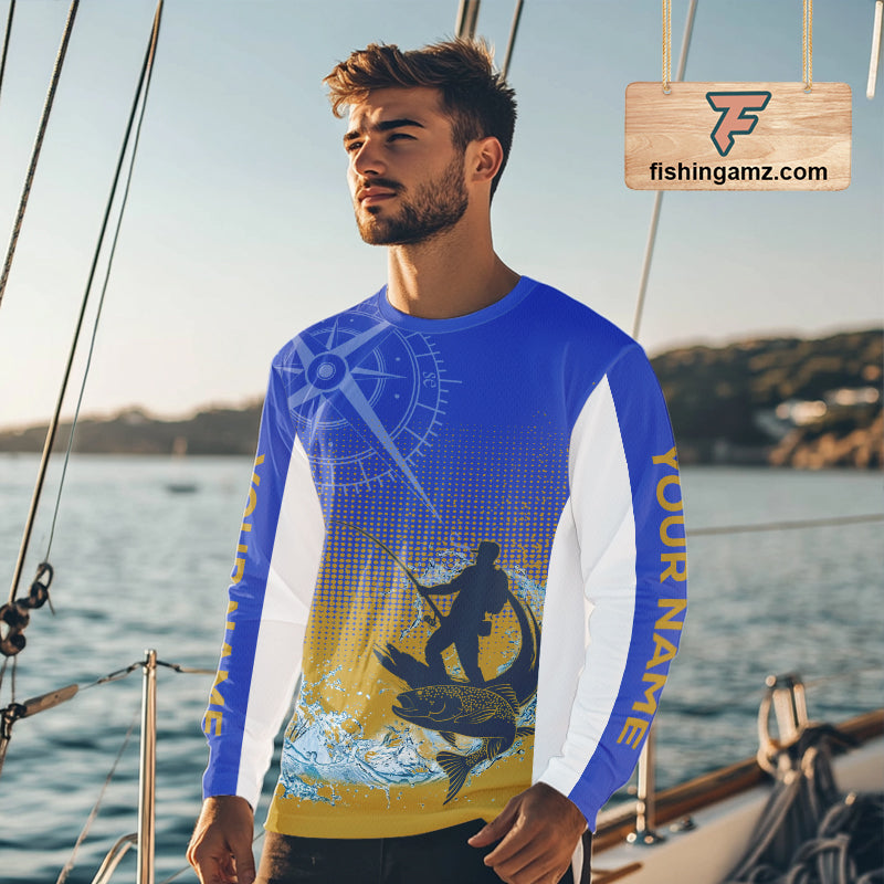 Trout Fishing Shirts Long Sleeve Fisherman Compass Blue And Yellow, Trout Fly Fishing Jerseys NBT389