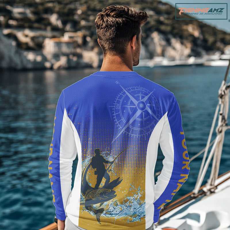 Trout Fishing Shirts Long Sleeve Fisherman Compass Blue And Yellow, Trout Fly Fishing Jerseys NBT389