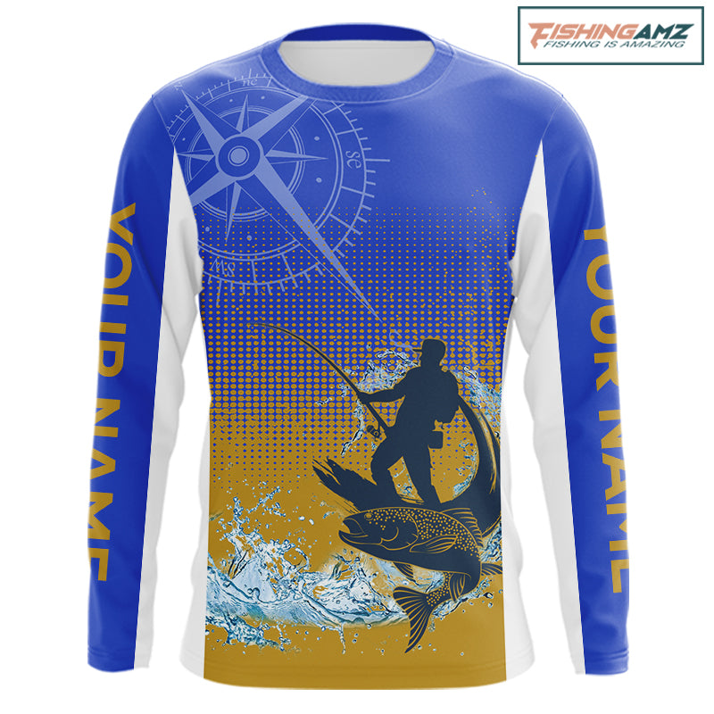 Trout Fishing Shirts Long Sleeve Fisherman Compass Blue And Yellow, Trout Fly Fishing Jerseys NBT389