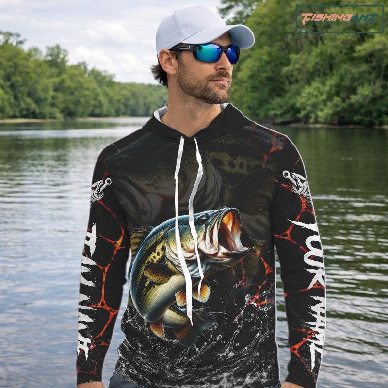 Personalized Bass Fishing Jerseys, Bass Fishing Camo Long Sleeve Hooded Fishing Tournament Shirts NBT873