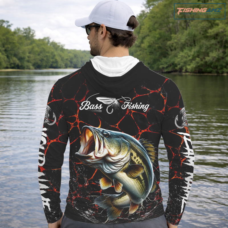 Personalized Bass Fishing Jerseys, Bass Fishing Camo Long Sleeve Hooded Fishing Tournament Shirts NBT873