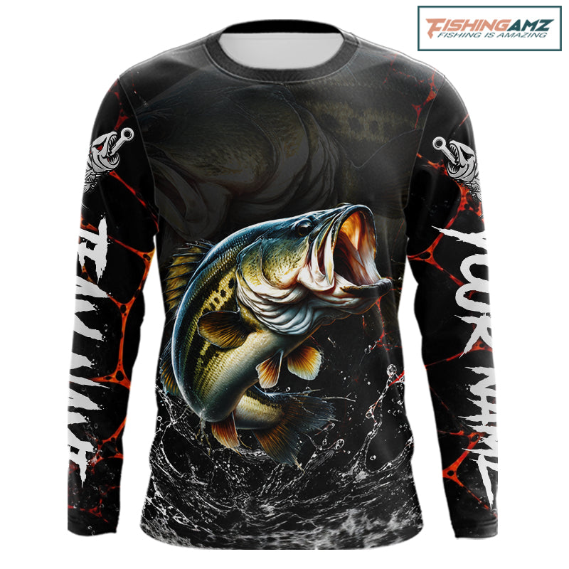 Front view of personalized camo bass fishing shirt long sleeve with personalized name and team name on sleeves