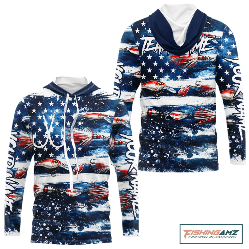 Fishing Lure American Flag Custom Long Sleeve Hooded Performance Fishing Shirts, Team Fishing Jerseys NBT940