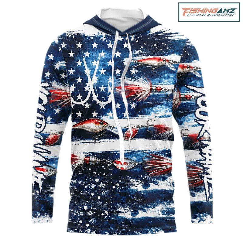 Fishing Lure American Flag Custom Long Sleeve Hooded Performance Fishing Shirts, Team Fishing Jerseys NBT940
