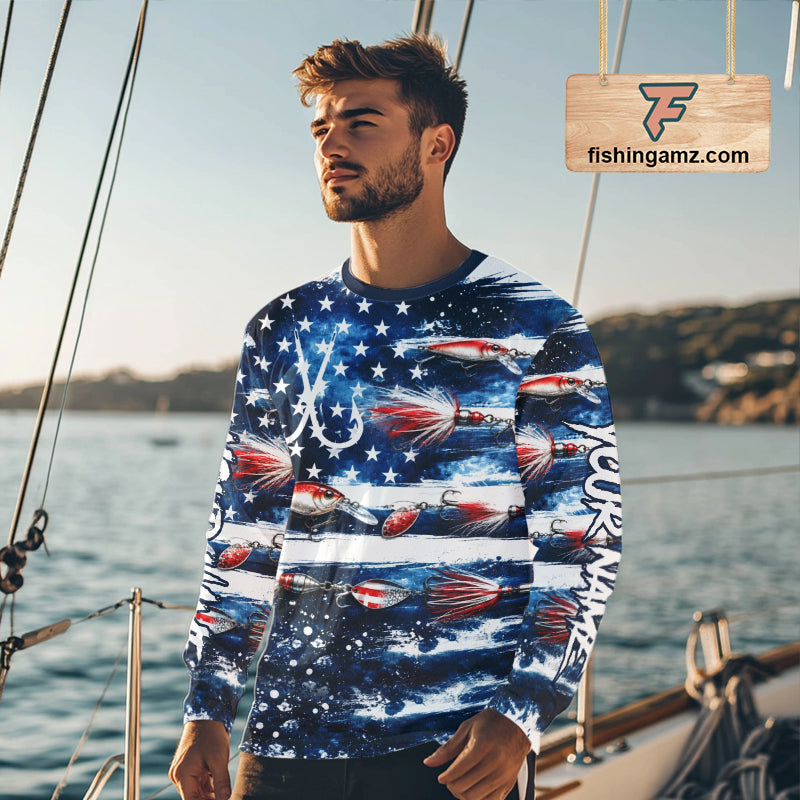 Fishing Lure American Flag Custom Long Sleeve Performance Fishing Shirts, Team Fishing Jerseys NBT940