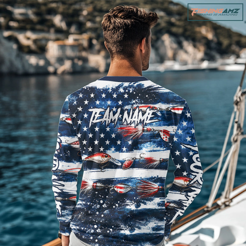 Fishing Lure American Flag Custom Long Sleeve Performance Fishing Shirts, Team Fishing Jerseys NBT940
