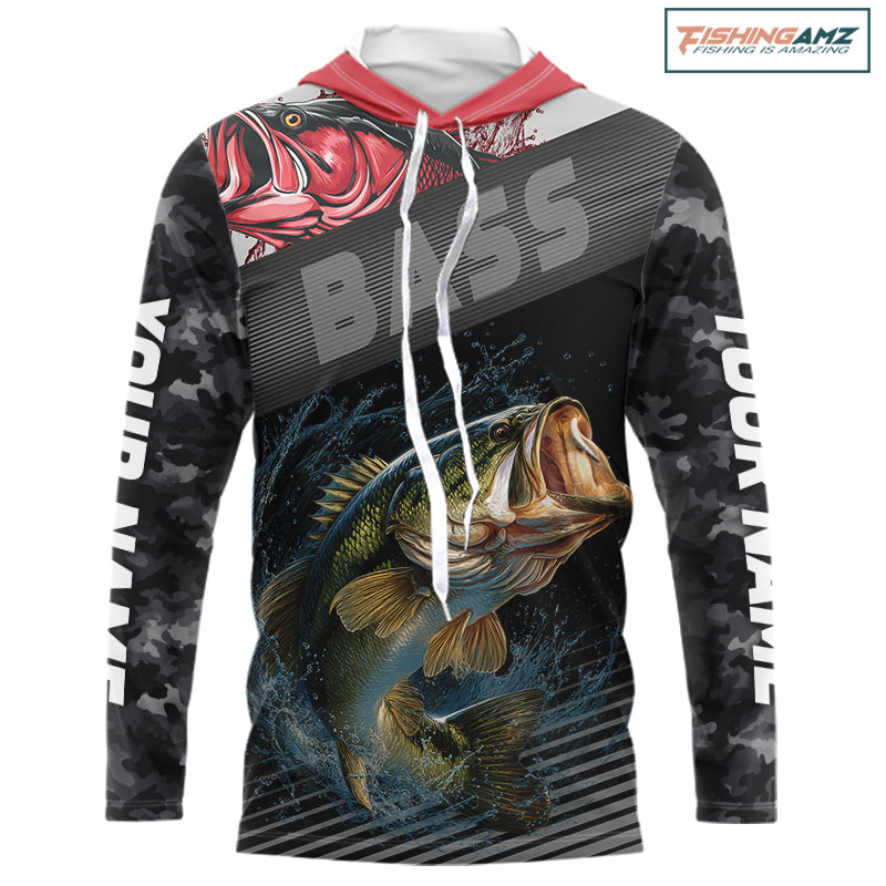 Personalized Largemouth Bass Hooded Fishing Shirts Black Camo, Bass Fishing Tournament Jerseys NBT345