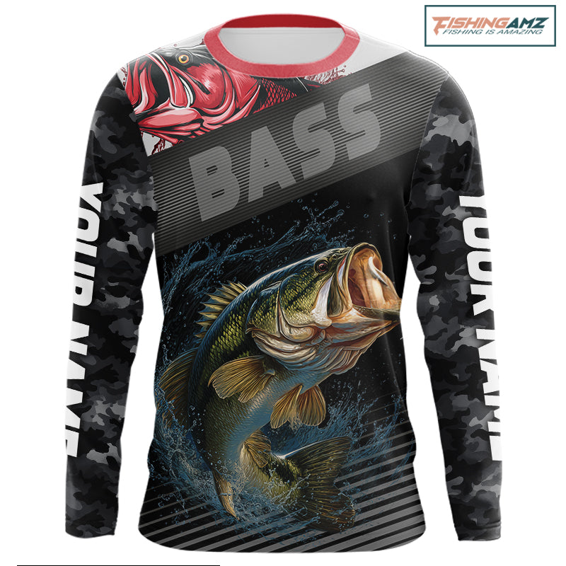 Personalized largemouth bass black camo long sleeve fishing shirt front view