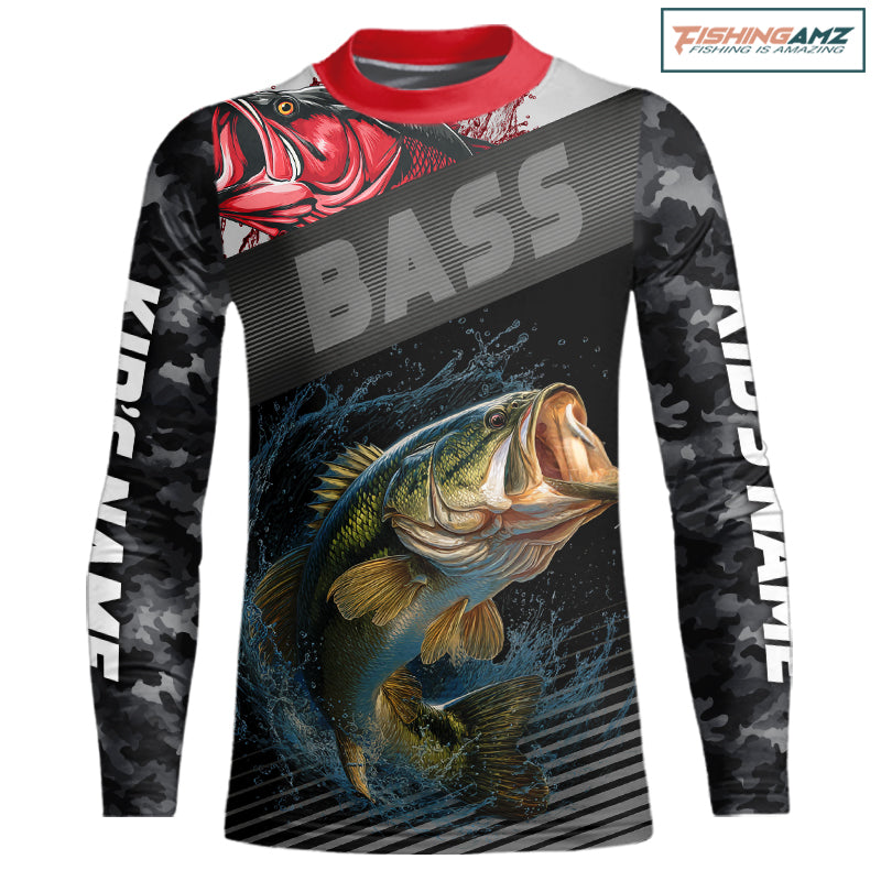 Personalized Largemouth Bass Fishing Long Sleeve Kid Black Camo Shirts, Bass Fishing League Jerseys NBT345