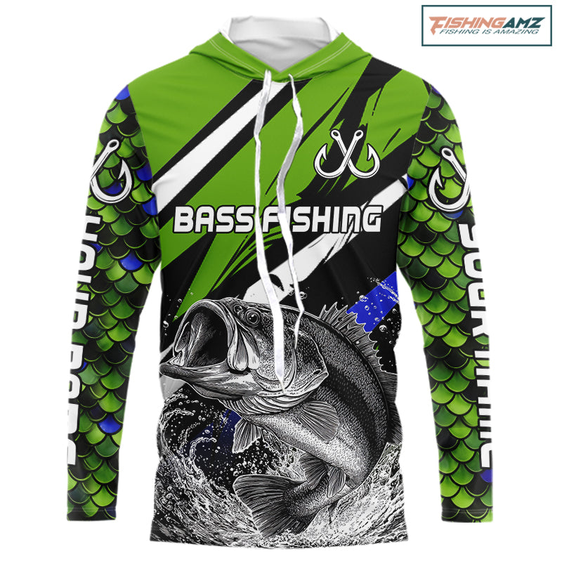 Personalized Bass Hooded Fishing Shirts Green Fish Scale Jumping Fish, Tournament Fishing Shirts NBT346