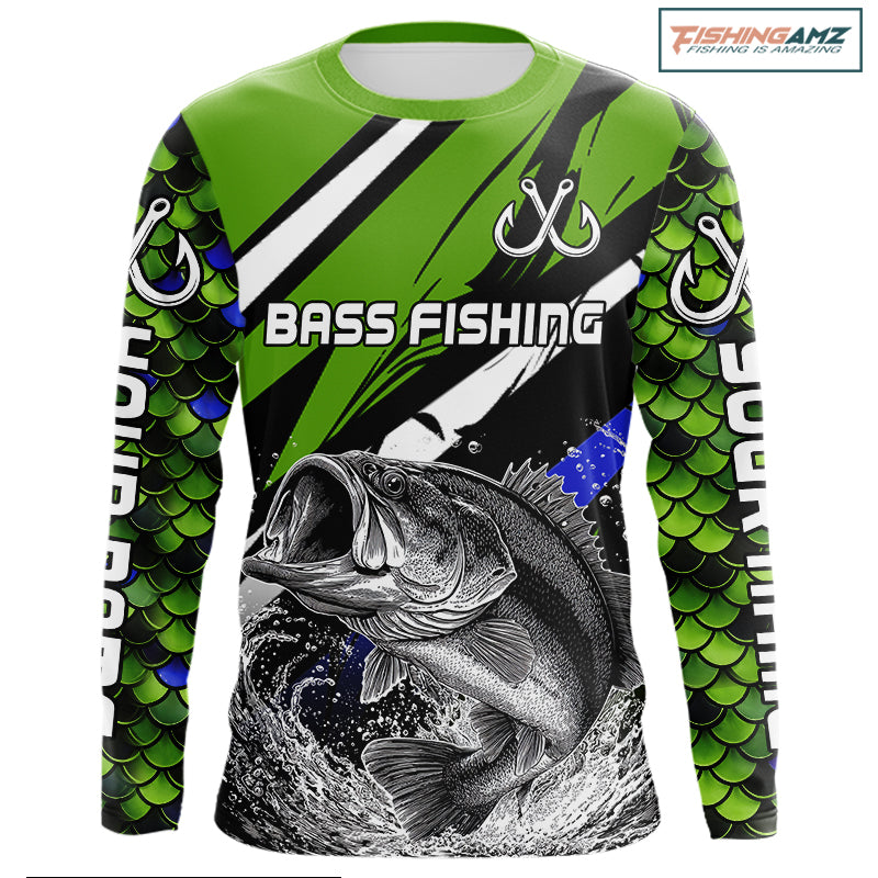 Personalized Green Fish Scale Bass Fishing Jumping Jersey, Custom Performance Bass Shirt NBT346