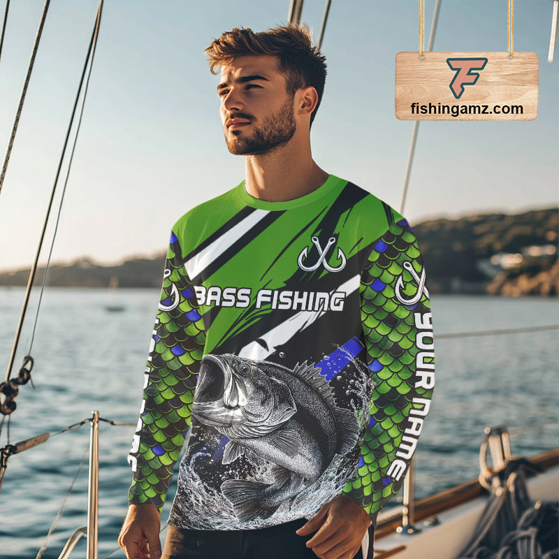 Personalized Green Fish Scale Bass Fishing Jumping Jersey, Custom Performance Bass Shirt NBT346