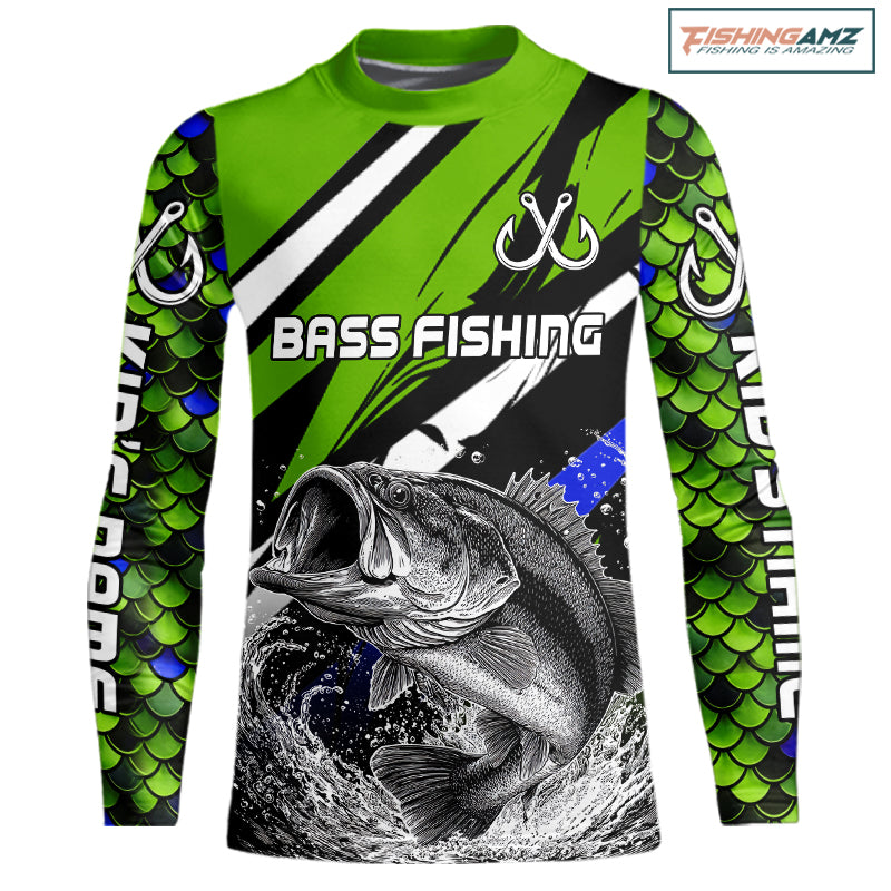 Personalized Bass Youth Fishing Shirts Long Sleeve Green Fish Scale Jumping NBT346