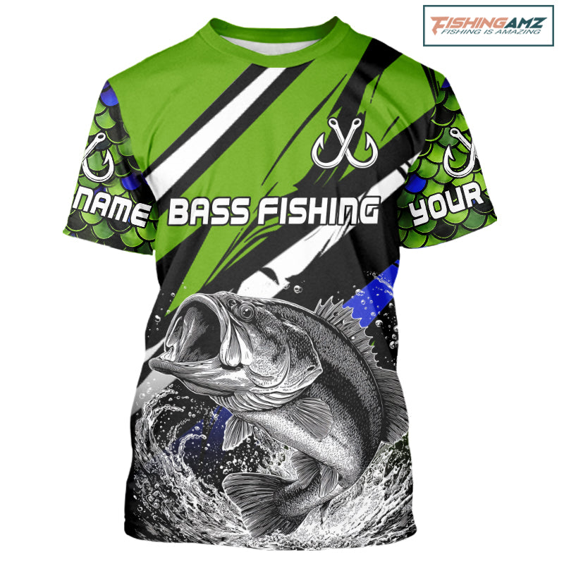 Personalized Bass Fishing Shirts Green Fish Scale Jumping Fish, Tournament Fishing Shirts NBT346