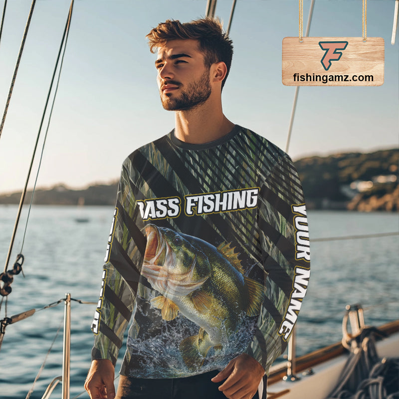 Personalized Reed Camo Bass Fishing Long Sleeve Shirts, Custom Bass Tournament Jerseys|Green NBT347