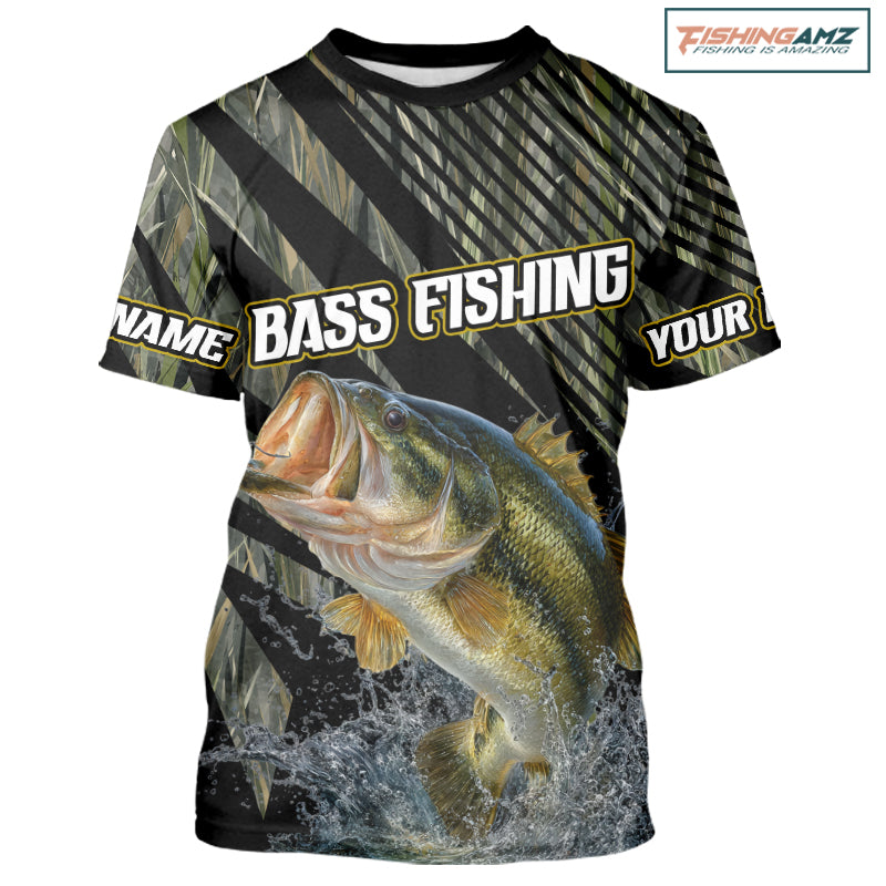 Personalized Bass Fishing Grass Camo Shirts, Custom Bass Tournament Jerseys|Green NBT347