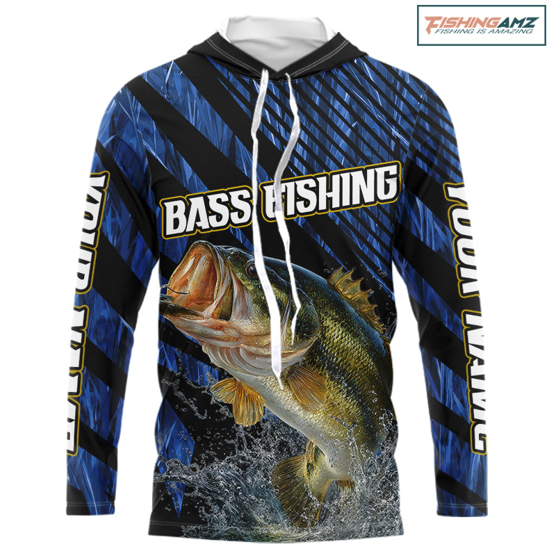 Personalized Bass Hooded Fishing Long Sleeve Grass Camo Shirts, Custom Bass Tournament Jerseys|Blue NBT348