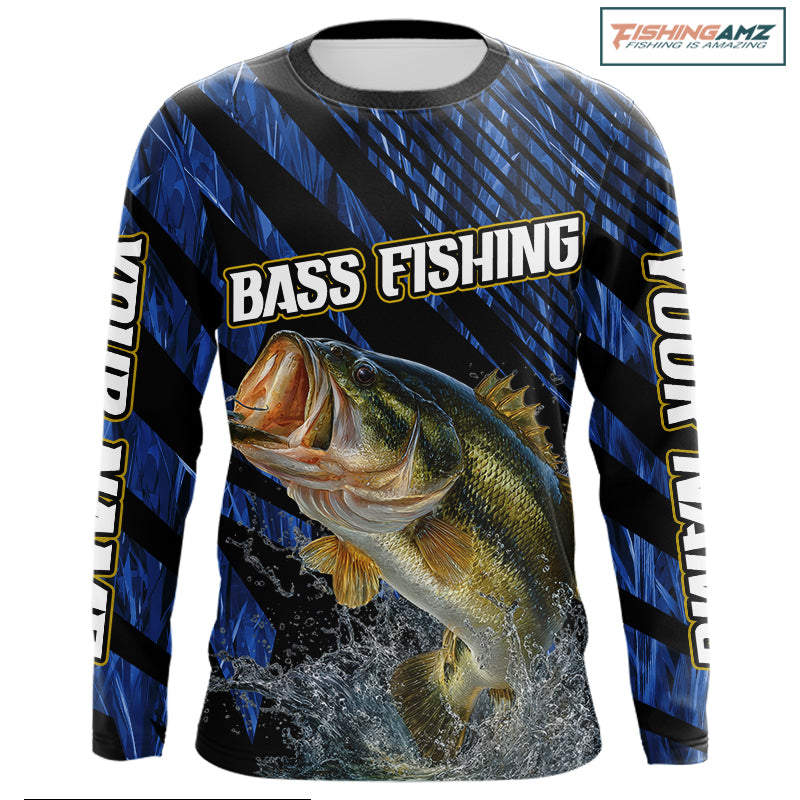 Personalized Reed Camo Bass Fishing Long Sleeve Shirts, Custom Bass Tournament Jerseys|Blue NBT348