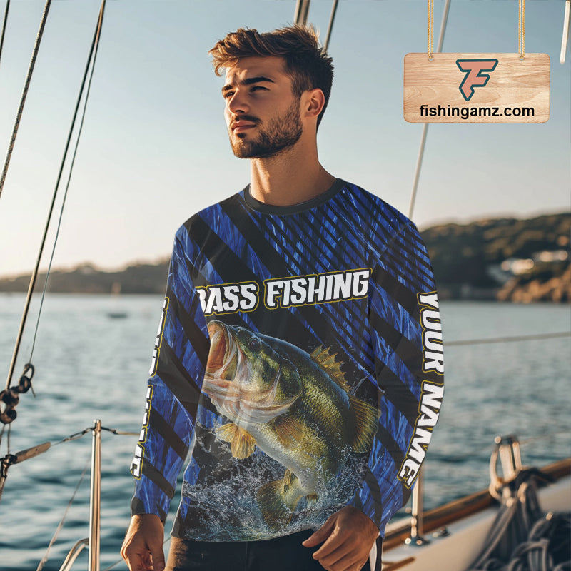 Personalized Reed Camo Bass Fishing Long Sleeve Shirts, Custom Bass Tournament Jerseys|Blue NBT348