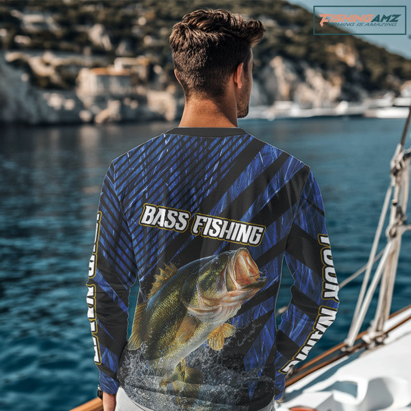 Personalized Reed Camo Bass Fishing Long Sleeve Shirts, Custom Bass Tournament Jerseys|Blue NBT348