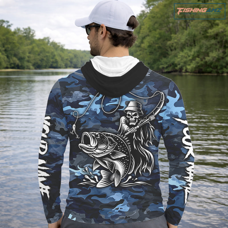 Reaper Fishing Largemouth Bass Long Sleeve Hooded Fishing Shirts Blue Camo, Camo Fishing Shirt NBT391
