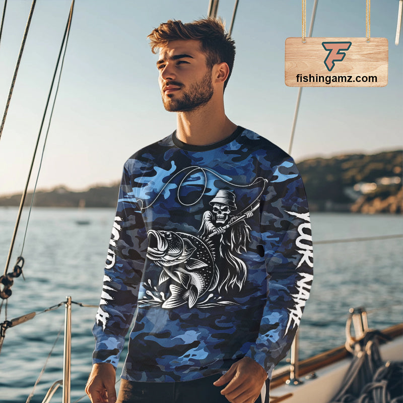 Reaper Fishing Largemouth Bass Long Sleeve Fishing Shirts Blue Camo, Camo Fishing Shirt NBT391