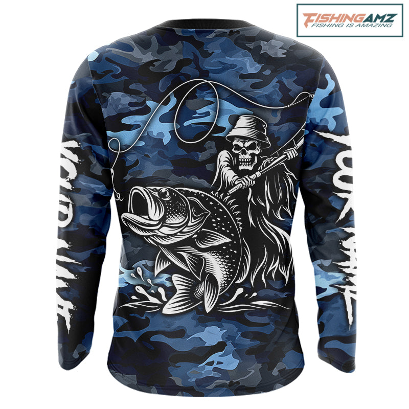 Reaper Fishing Largemouth Bass Long Sleeve Fishing Shirts Blue Camo, Camo Fishing Shirt NBT391