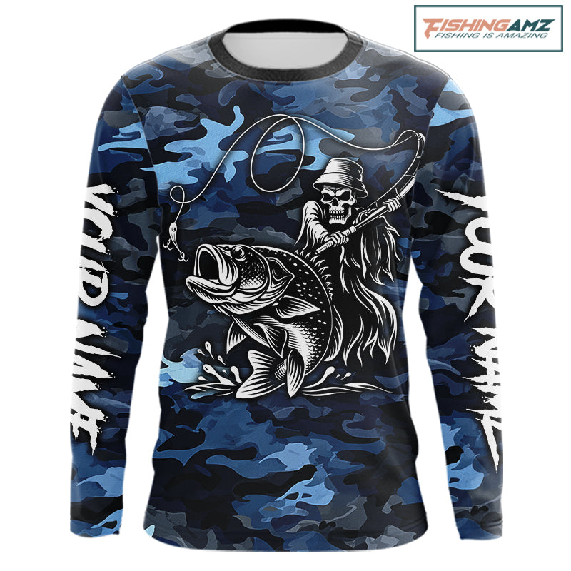 Reaper Fishing Largemouth Bass Long Sleeve Fishing Shirts Blue Camo, Camo Fishing Shirt NBT391