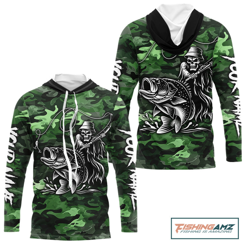 Reaper Fishing Largemouth Bass Long Sleeve Hooded Fishing Shirts Green Camo, Camo Fishing Shirt NBT392
