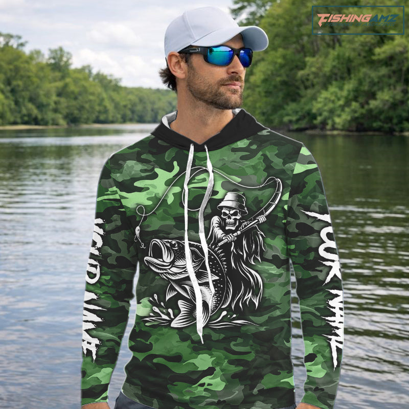 Reaper Fishing Largemouth Bass Long Sleeve Hooded Fishing Shirts Green Camo, Camo Fishing Shirt NBT392