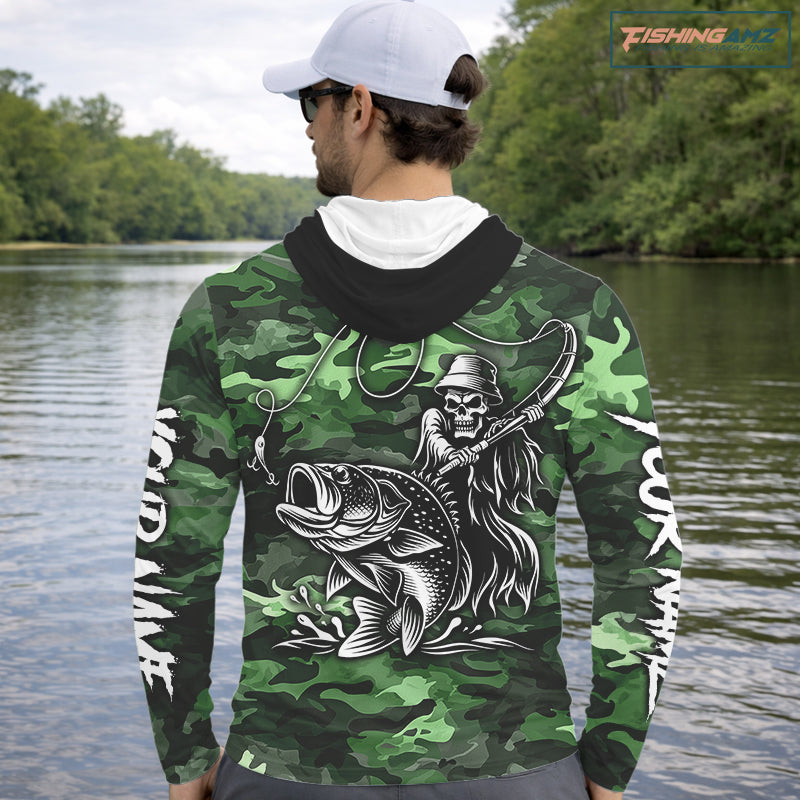Reaper Fishing Largemouth Bass Long Sleeve Hooded Fishing Shirts Green Camo, Camo Fishing Shirt NBT392