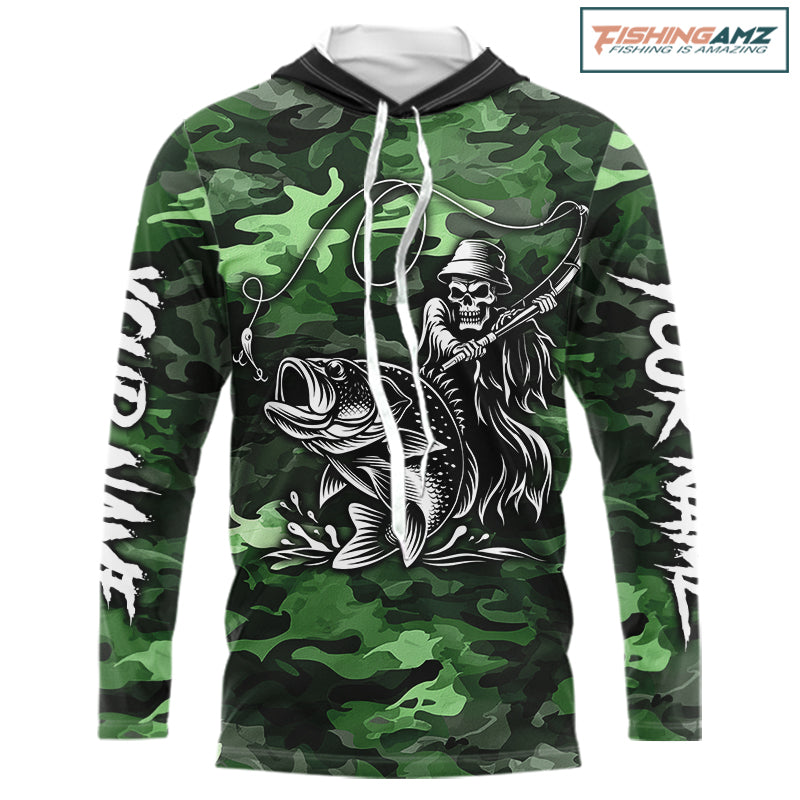 Reaper Fishing Largemouth Bass Long Sleeve Hooded Fishing Shirts Green Camo, Camo Fishing Shirt NBT392