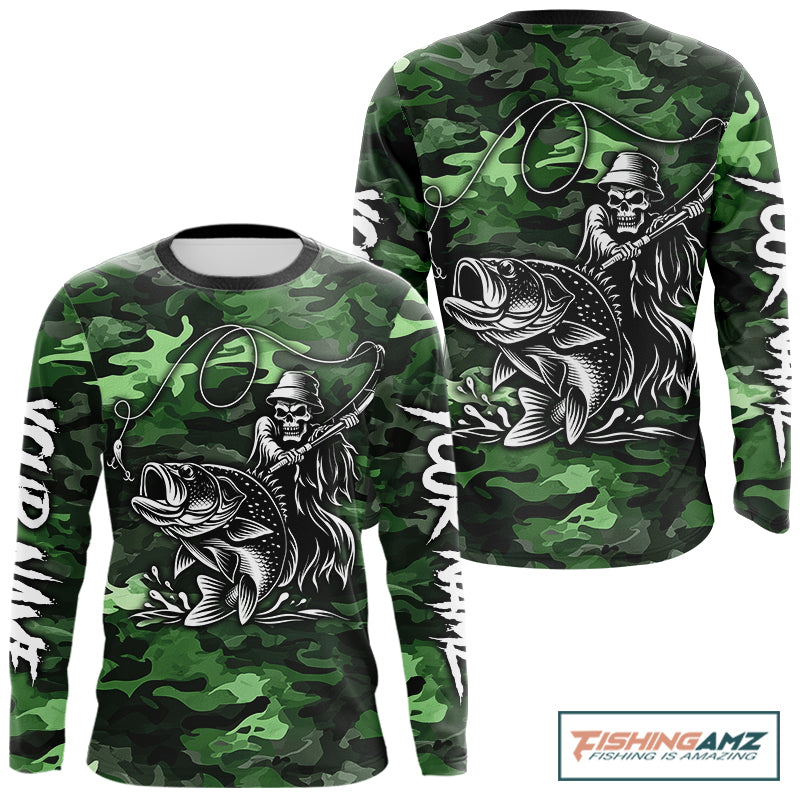 Reaper Fishing Largemouth Bass Long Sleeve Fishing Shirts Green Camo, Camo Fishing Shirt NBT392