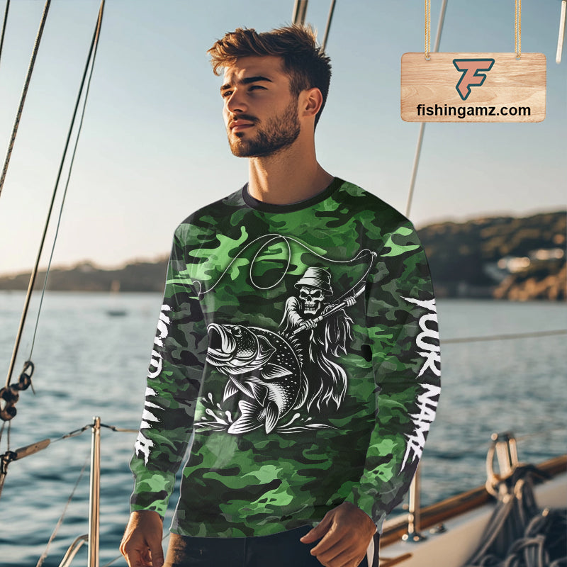 Reaper Fishing Largemouth Bass Long Sleeve Fishing Shirts Green Camo, Camo Fishing Shirt NBT392