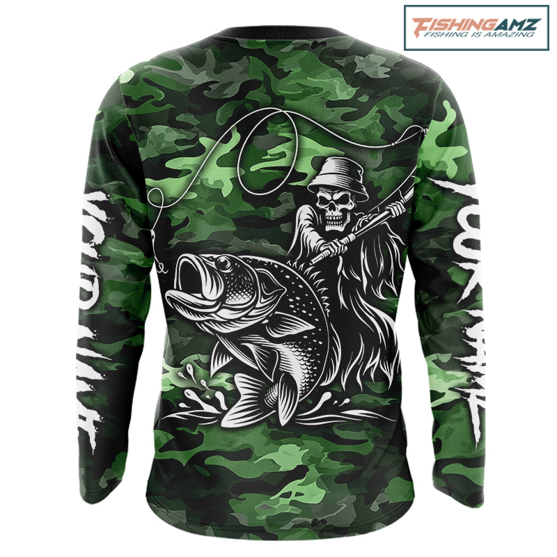 Reaper Fishing Largemouth Bass Long Sleeve Fishing Shirts Green Camo, Camo Fishing Shirt NBT392