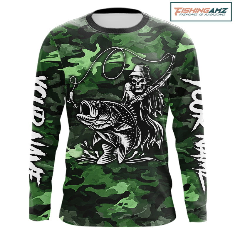Reaper Fishing Largemouth Bass Long Sleeve Fishing Shirts Green Camo, Camo Fishing Shirt NBT392