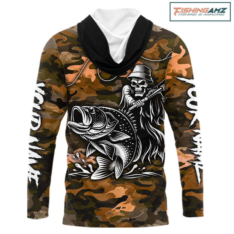 Reaper Fishing Largemouth Bass Long Sleeve Hooded Fishing Shirts Orange Camo, Camo Fishing Shirt NBT393