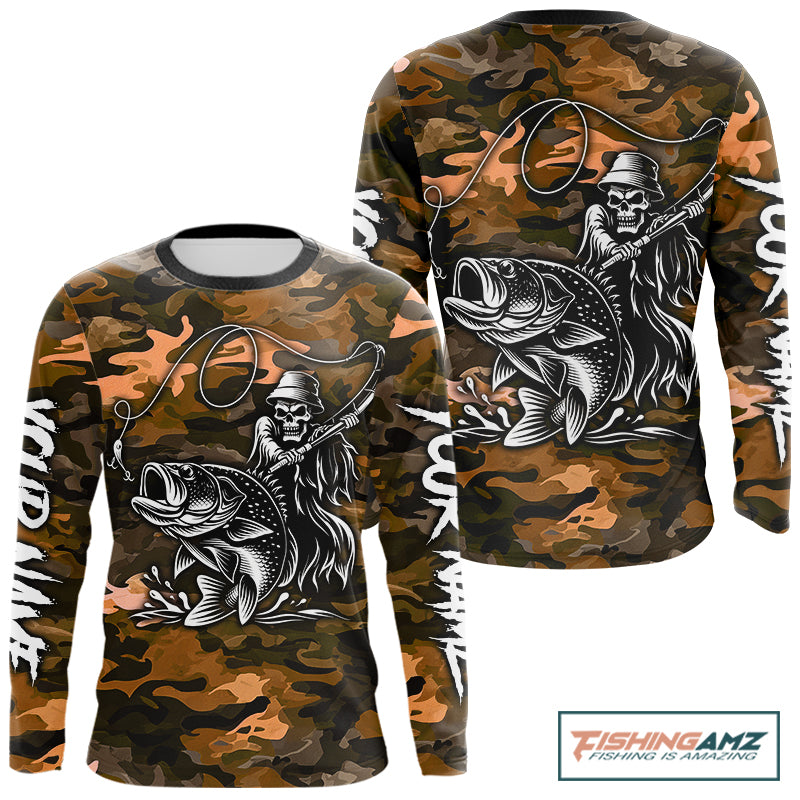 Reaper Fishing Largemouth Bass Long Sleeve Fishing Shirts Orange Camo, Camo Fishing Shirt NBT393