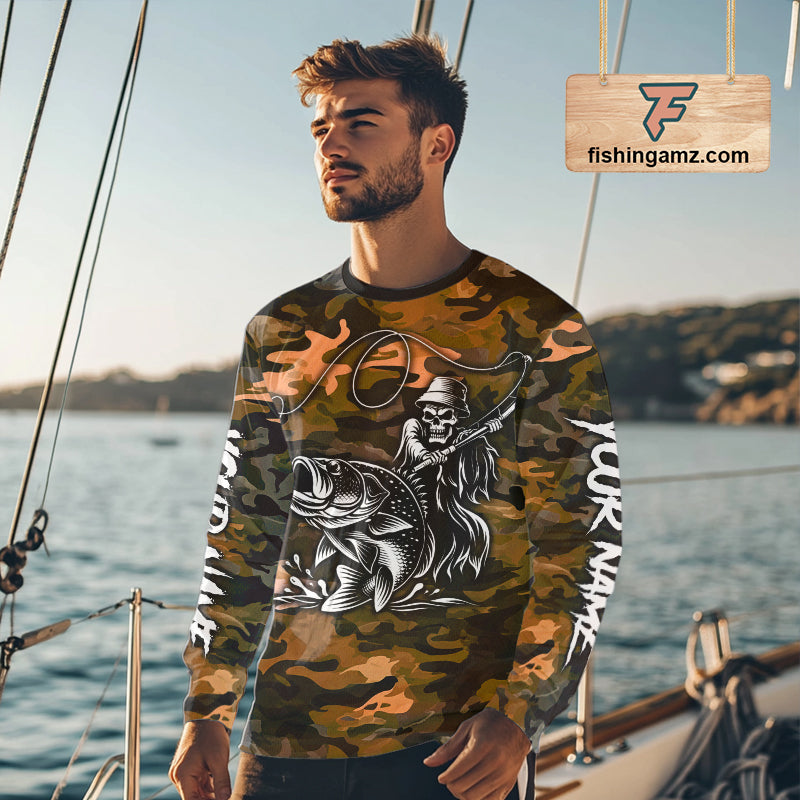 Reaper Fishing Largemouth Bass Long Sleeve Fishing Shirts Orange Camo, Camo Fishing Shirt NBT393