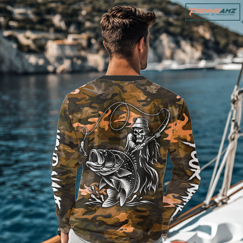 Reaper Fishing Largemouth Bass Long Sleeve Fishing Shirts Orange Camo, Camo Fishing Shirt NBT393
