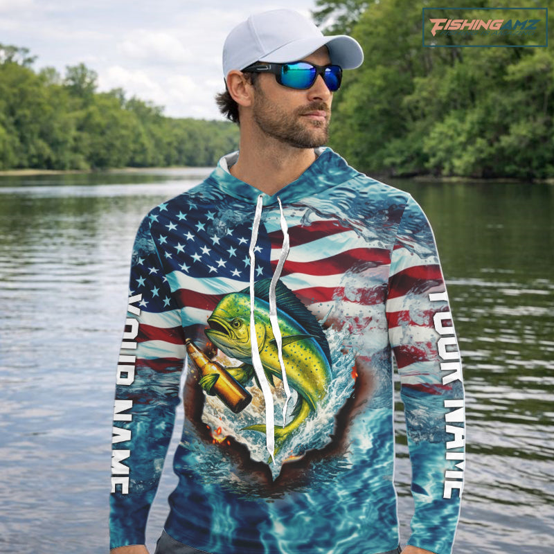 American Flag Mahi Mahi (Dorado) Fishing Custom Name Blue Water Camo Long Sleeve Hooded Fishing Shirt NBT689