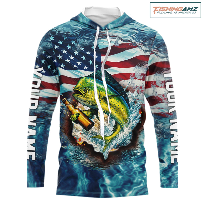 American Flag Mahi Mahi (Dorado) Fishing Custom Name Blue Water Camo Long Sleeve Hooded Fishing Shirt NBT689