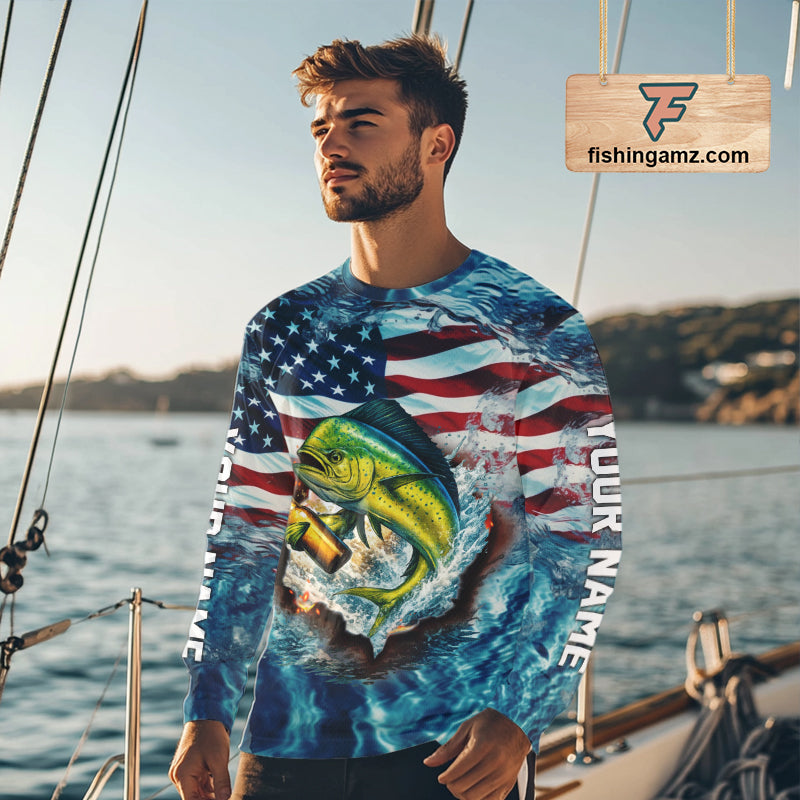 American Flag Mahi Mahi (Dorado) Fishing Custom Name Blue Water Camo Long Sleeve Fishing Shirt NBT689
