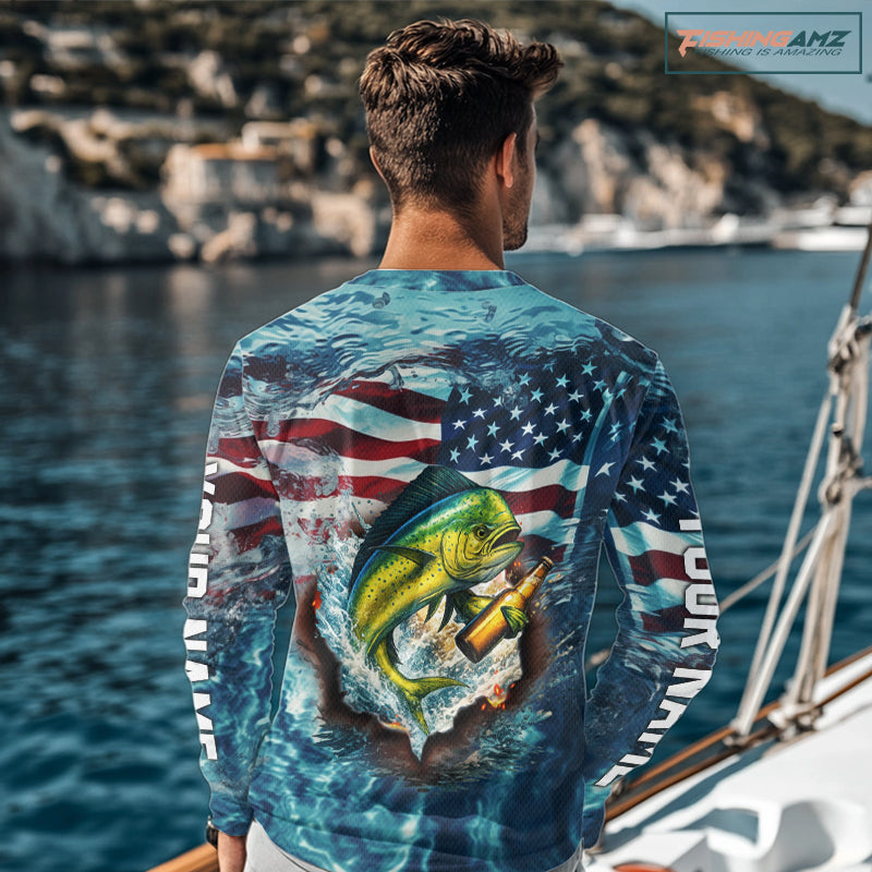 American Flag Mahi Mahi (Dorado) Fishing Custom Name Blue Water Camo Long Sleeve Fishing Shirt NBT689