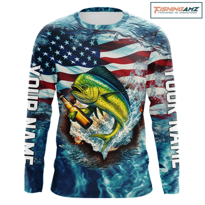 American Flag Mahi Mahi (Dorado) Fishing Custom Name Blue Water Camo Long Sleeve Fishing Shirt NBT689