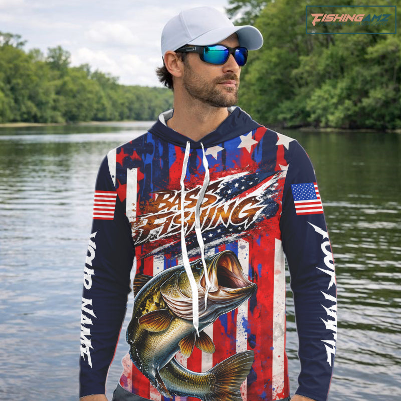 American Flag Bass Long Sleeve Hooded Fishing Shirts, Bass Fishing Tournament Shirts, Bass Fishing Shirts NBT432