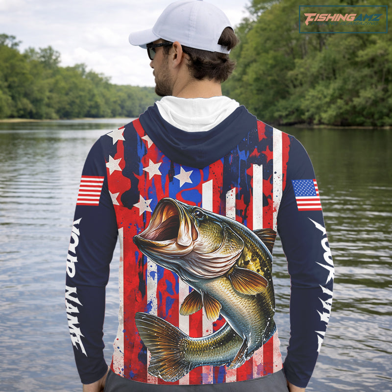 American Flag Bass Long Sleeve Hooded Fishing Shirts, Bass Fishing Tournament Shirts, Bass Fishing Shirts NBT432