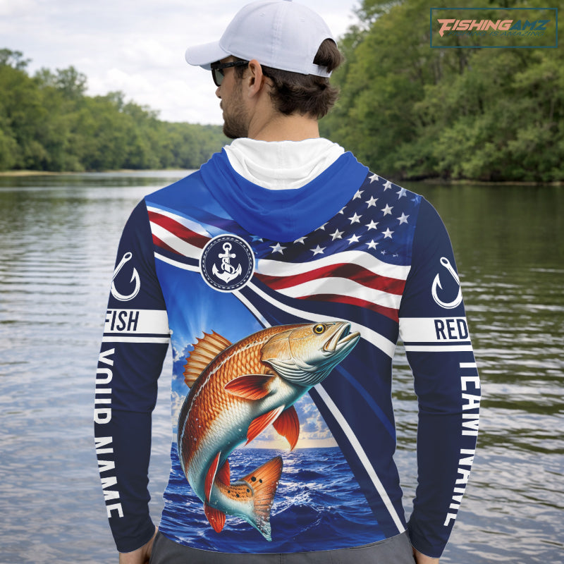 American Flag Redfish Fishing Long Sleeve Hooded Saltwater Fishing Shirts, Custom Redfish Fishing Jerseys NBT1025