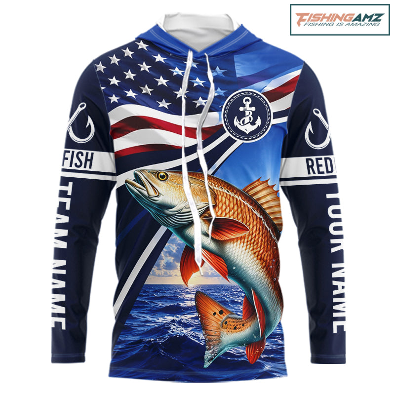 American Flag Redfish Fishing Long Sleeve Hooded Saltwater Fishing Shirts, Custom Redfish Fishing Jerseys NBT1025
