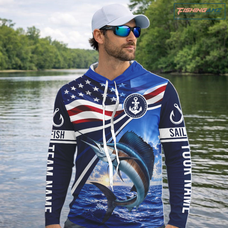 American Flag Sailfish Fishing Long Sleeve Hooded Saltwater Fishing Shirts, Custom Sailfish Fishing Jerseys NBT1026